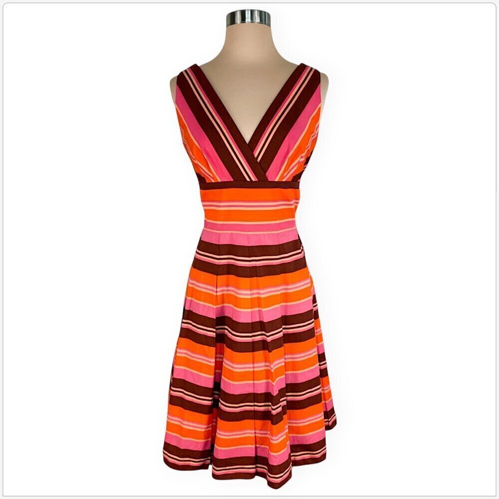 Kay Unger Orange Pink Brown Stripe Striped Fit Flare Summer Sundress NWT New 8